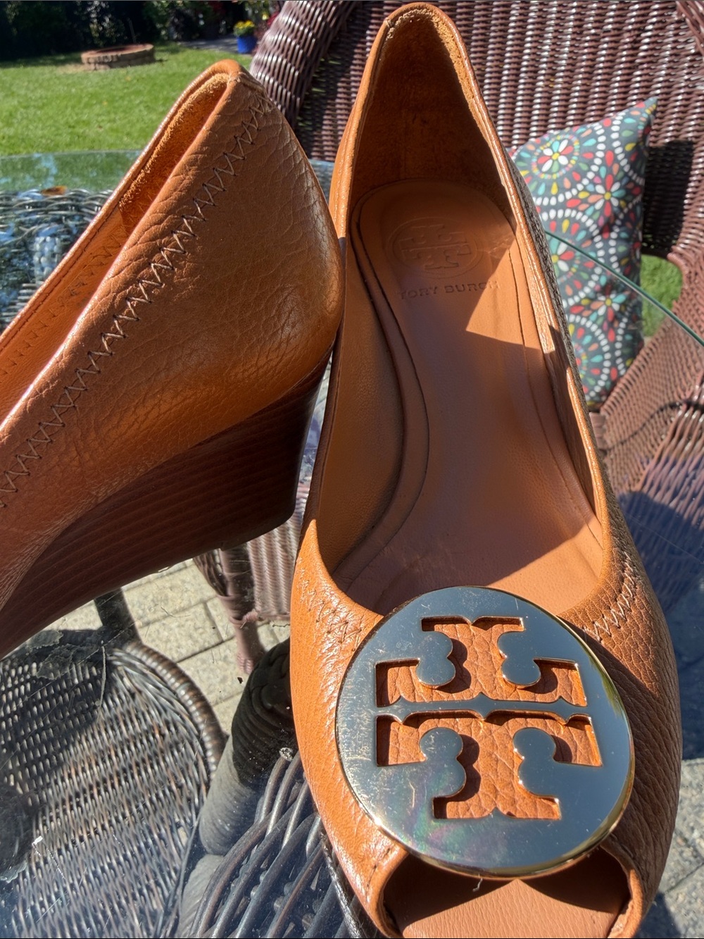 Tory Burch Brown Leather Wedge Peep-Toe Pumps with Logo Medallion